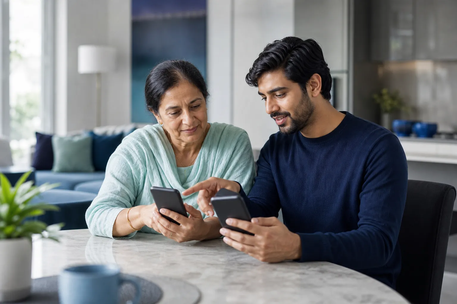 A mother and son using smartphones together