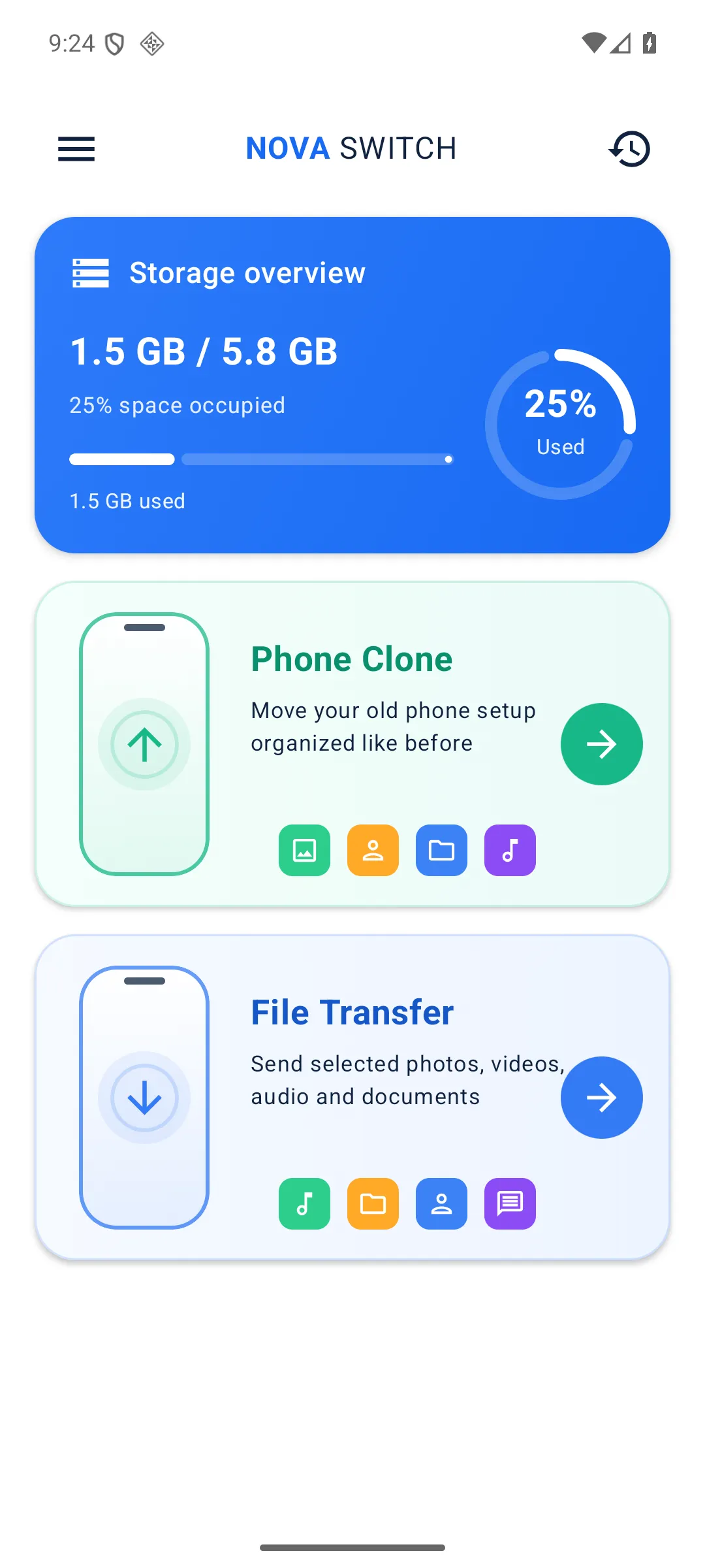 Nova Switch home screen with Phone Clone and File Transfer