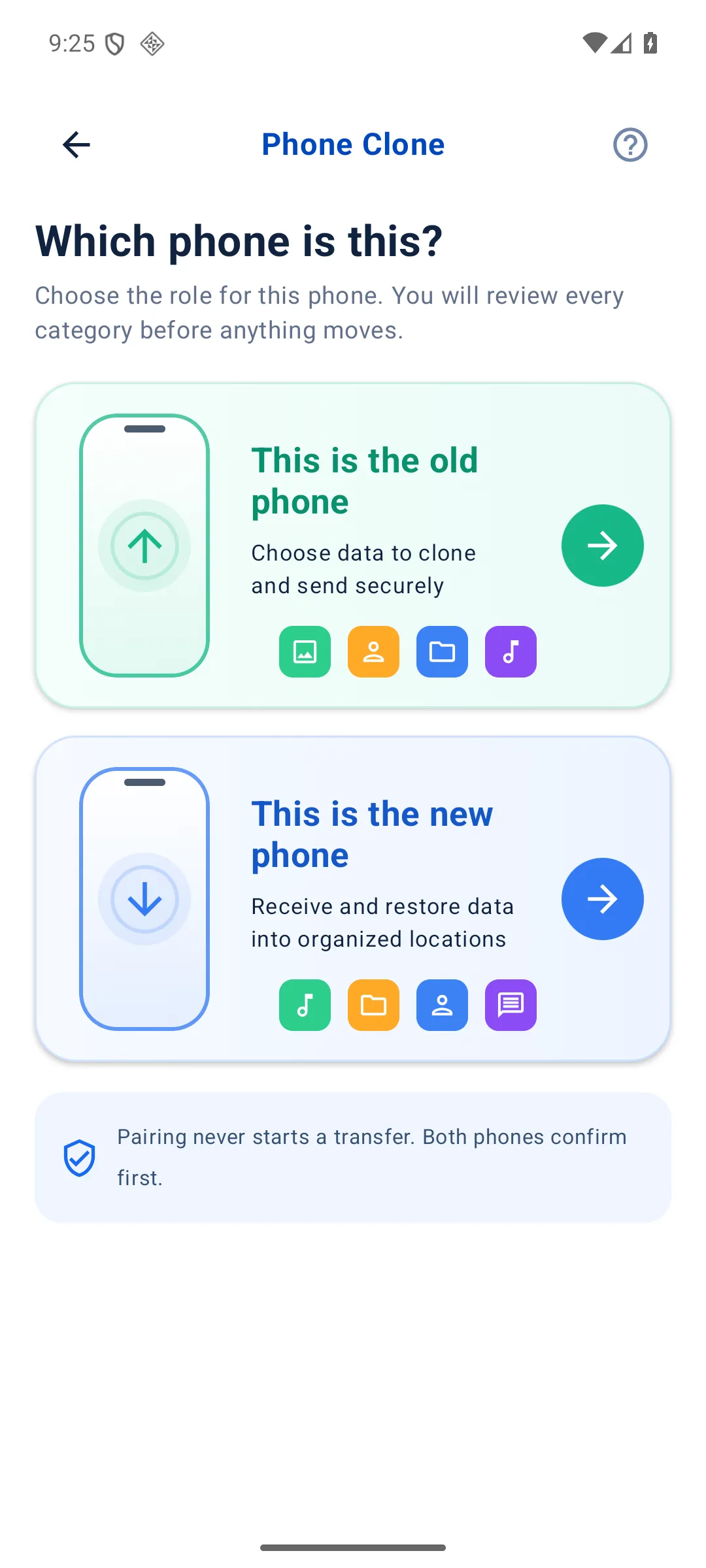 Nova Switch old phone and new phone selection screen